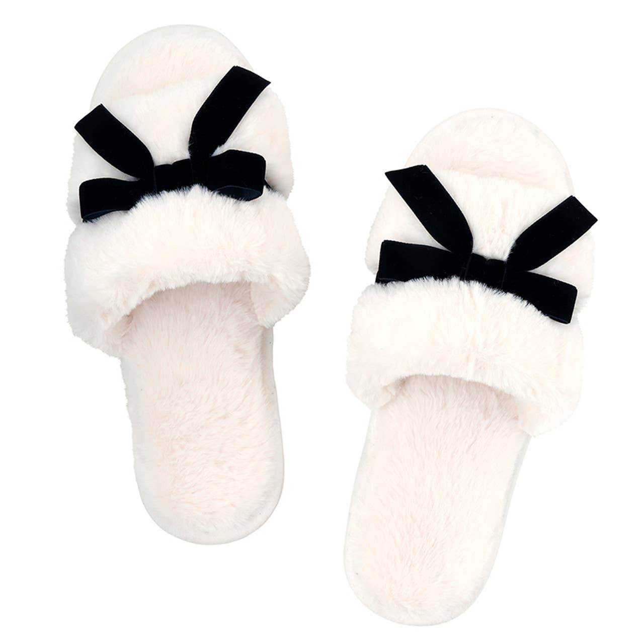 White slippers with black bows on a white background
