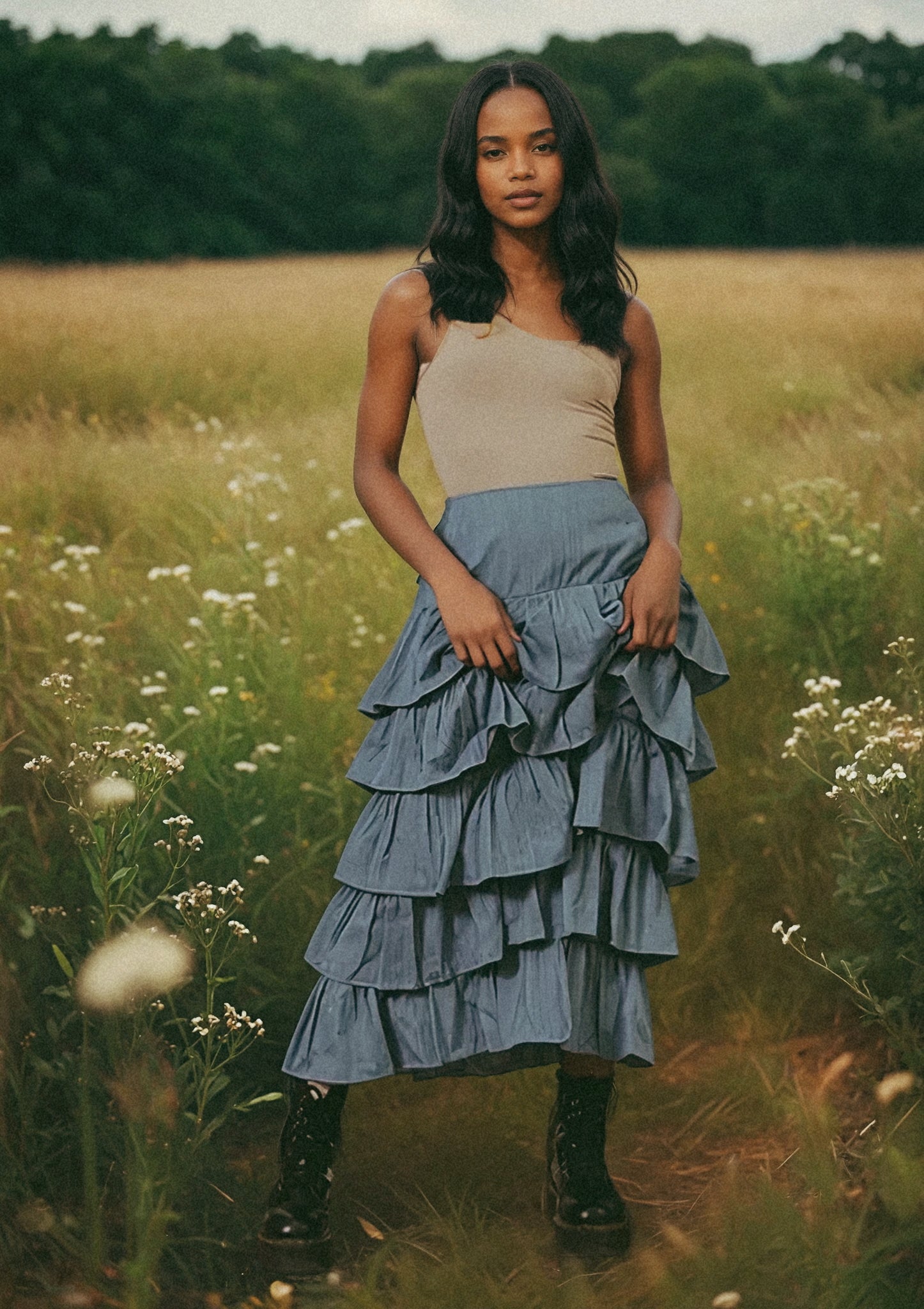 ruffled eco denim skirt blue, handloomed denim, ruffles, designer special sale carolina benoit fashion designer miami. 