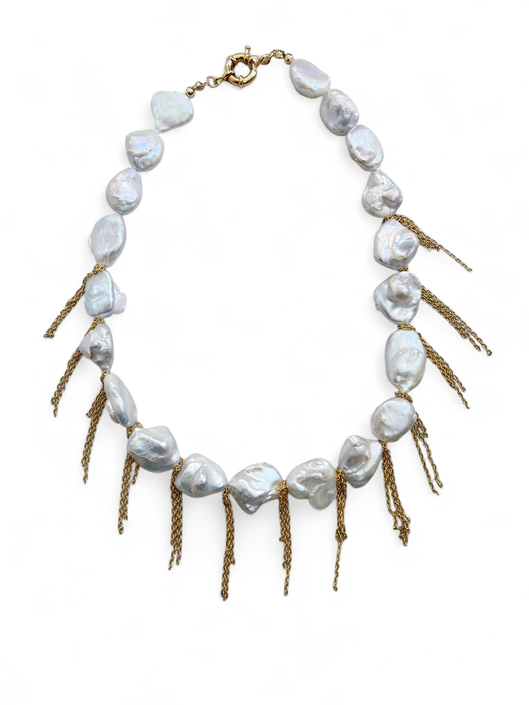 White shell and pearl necklace with gold charms on chain – Salt Water Heirloom