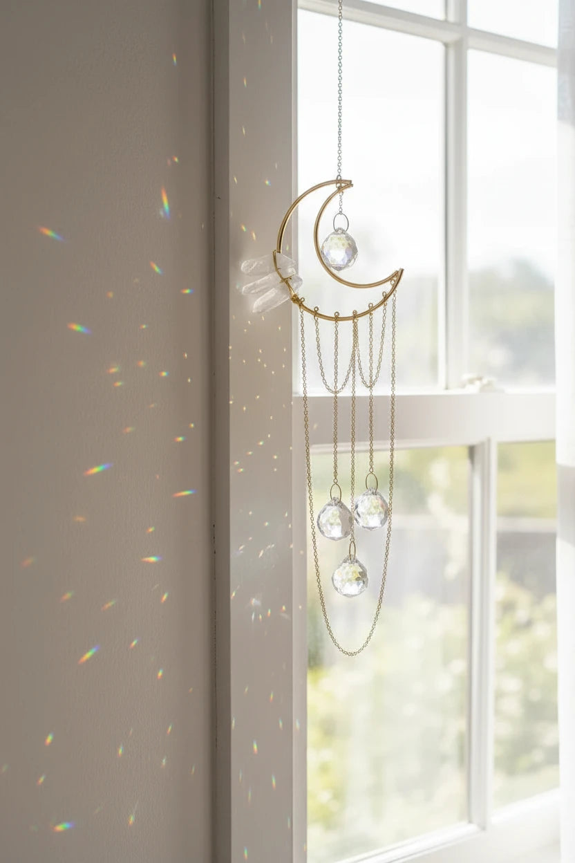 Decorative hanging crystal with gold crescent moon design on a gray background