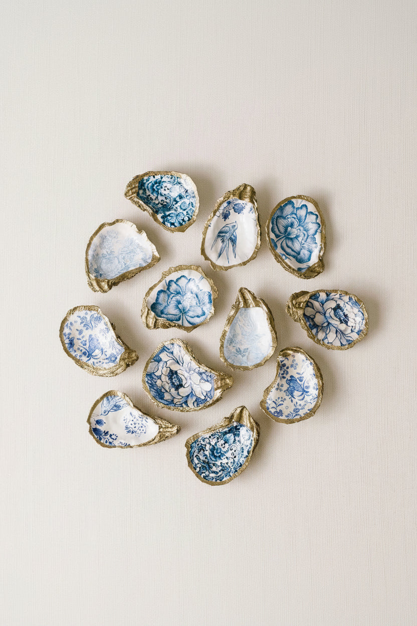 Decorative oyster shells with blue floral patterns on a beige background