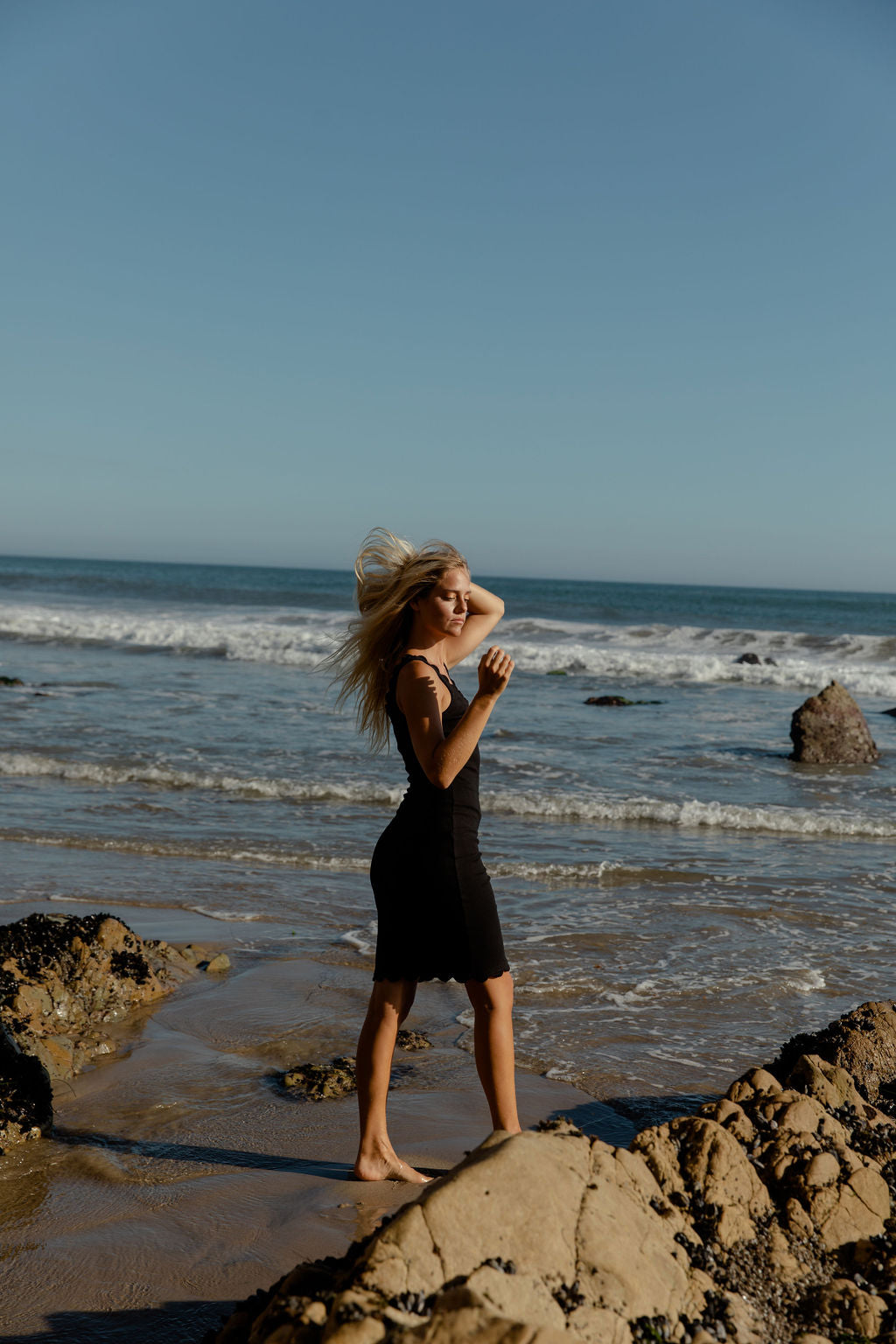 Ribbed Black Dress Scalloped Edges