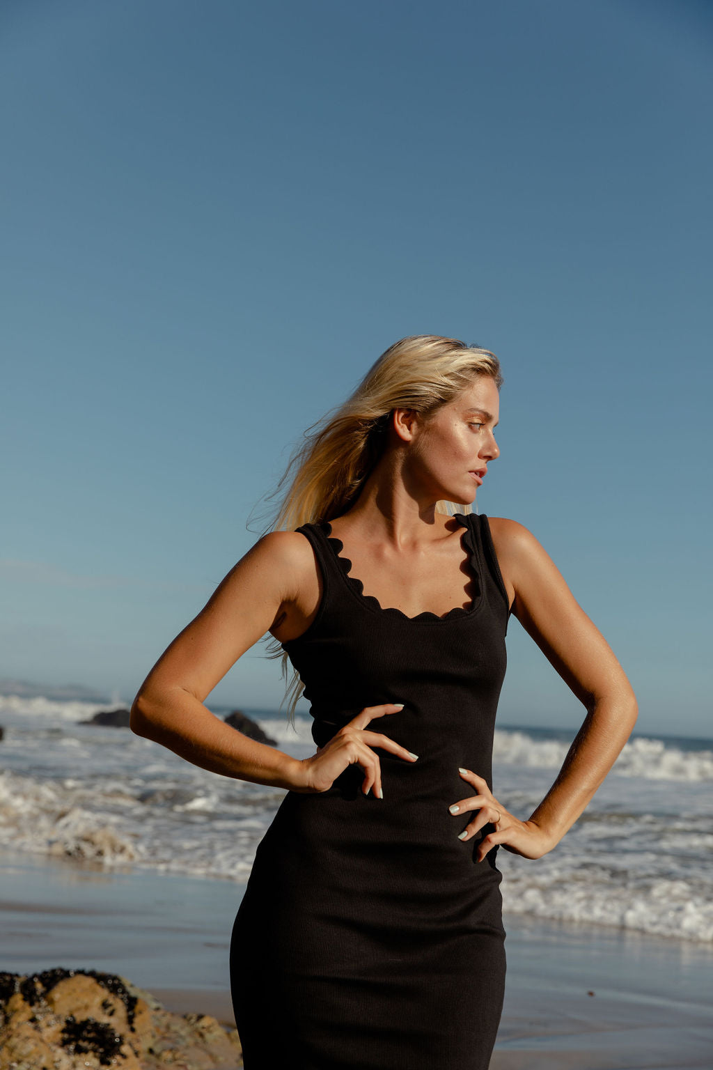 Ribbed Black Dress Scalloped Edges