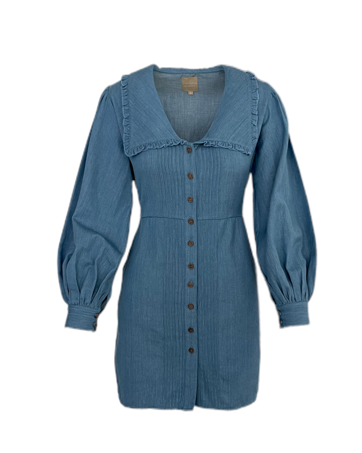 Eco denim mini Carolina Benoit sustainable wood buttons bishop sleeves Peter Pan collar 