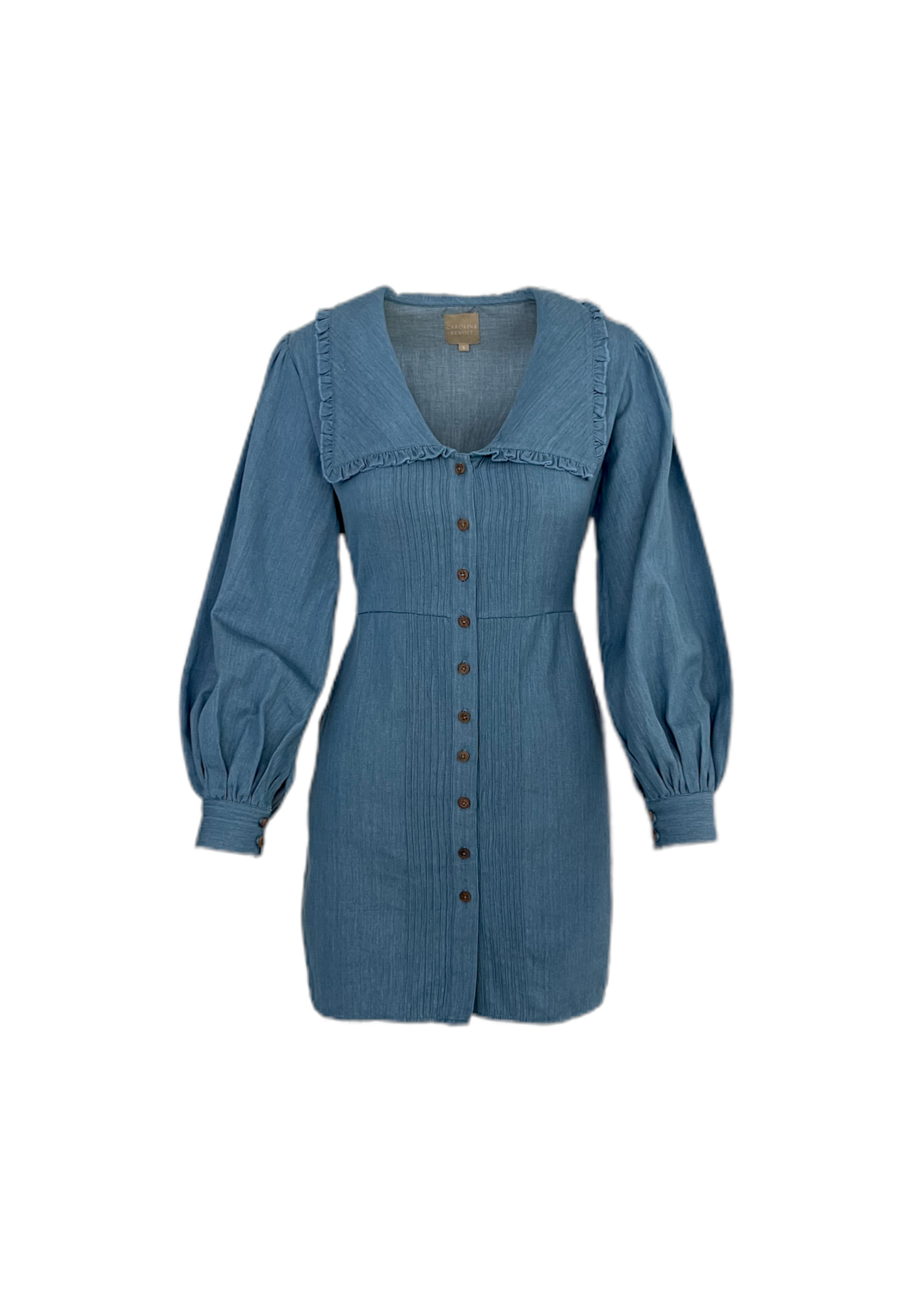 Eco denim mini Carolina Benoit sustainable wood buttons bishop sleeves Peter Pan collar 