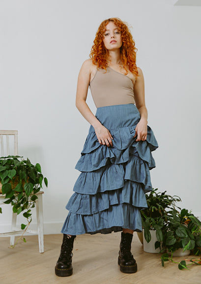Shop Eco Friendly Denim Ruffle Skirt Midi Skirt Women’s Sustainable