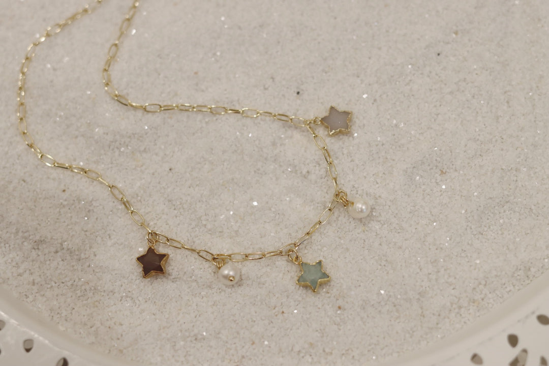 Gold and pearls charm necklace stars zodiac gold druzy quarts aquamarine