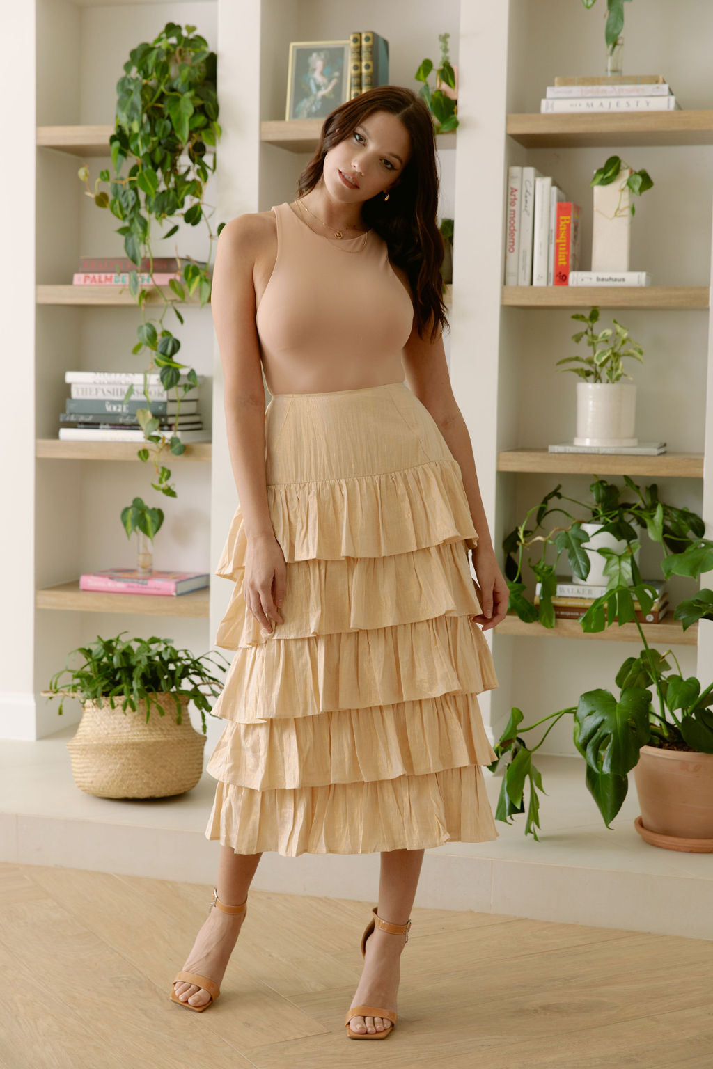 Palace Midi Skirt in Gold Lame