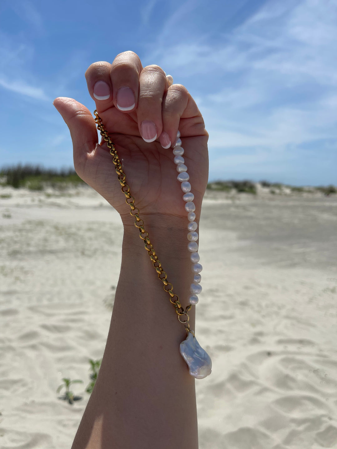 Half And Half Pearl & Chain Pendant Pearl